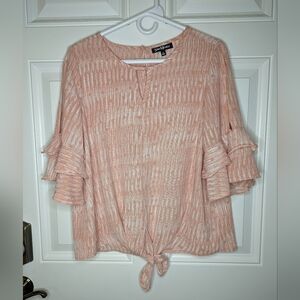 Pink & White Tie Front Blouse: Layered Ruffle Slit Sleeve & Double Keyhole PXL